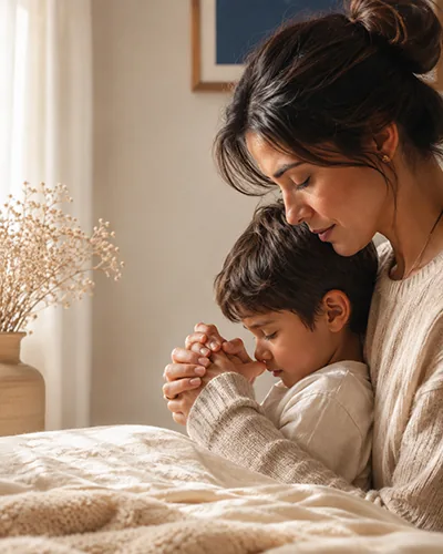 Madre abrazando a su hijo mientras ora